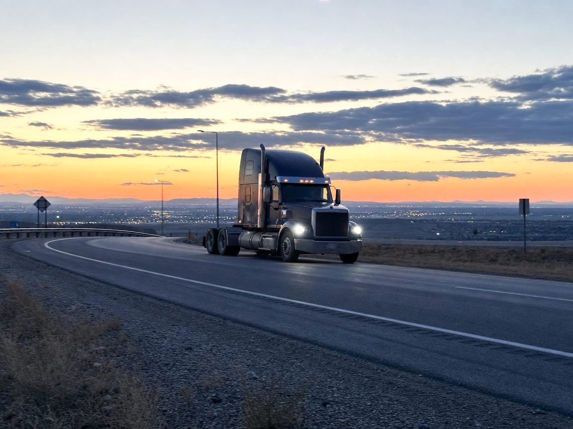 Semi tractor driving bobtail, without a trailer, on a highway on-ramp at dusk