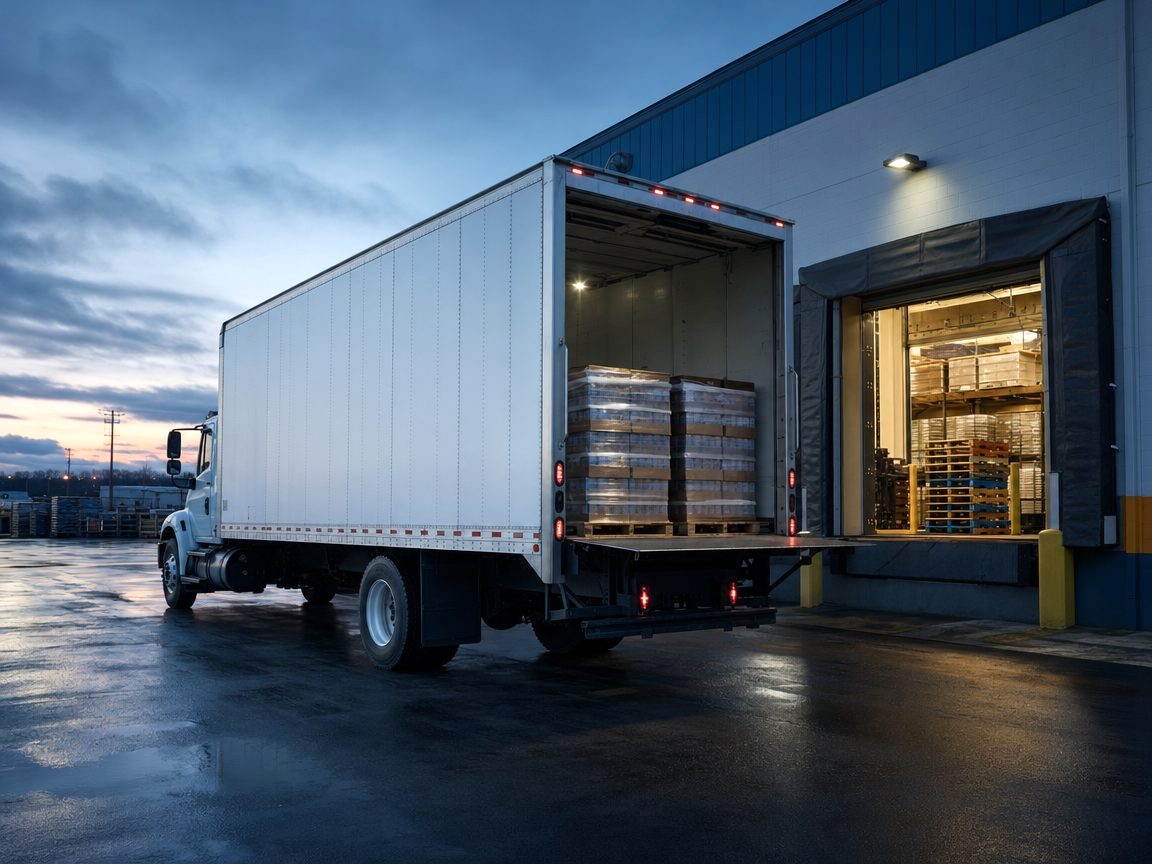 White 26-foot box truck backed into a warehouse loading dock at dawn