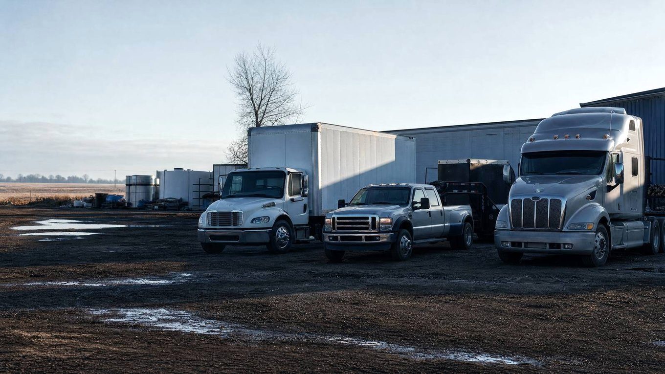 Box truck, dually with gooseneck and semi tractor parked side by side in a small trucking yard