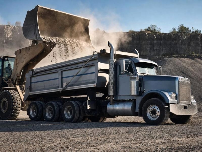 Tri-axle dump truck being loaded with gravel at a quarry