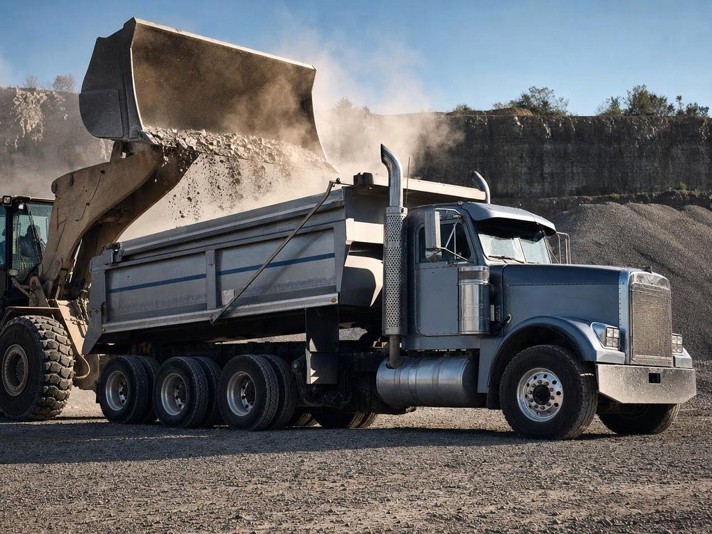 Tri-axle dump truck being loaded with gravel at a quarry