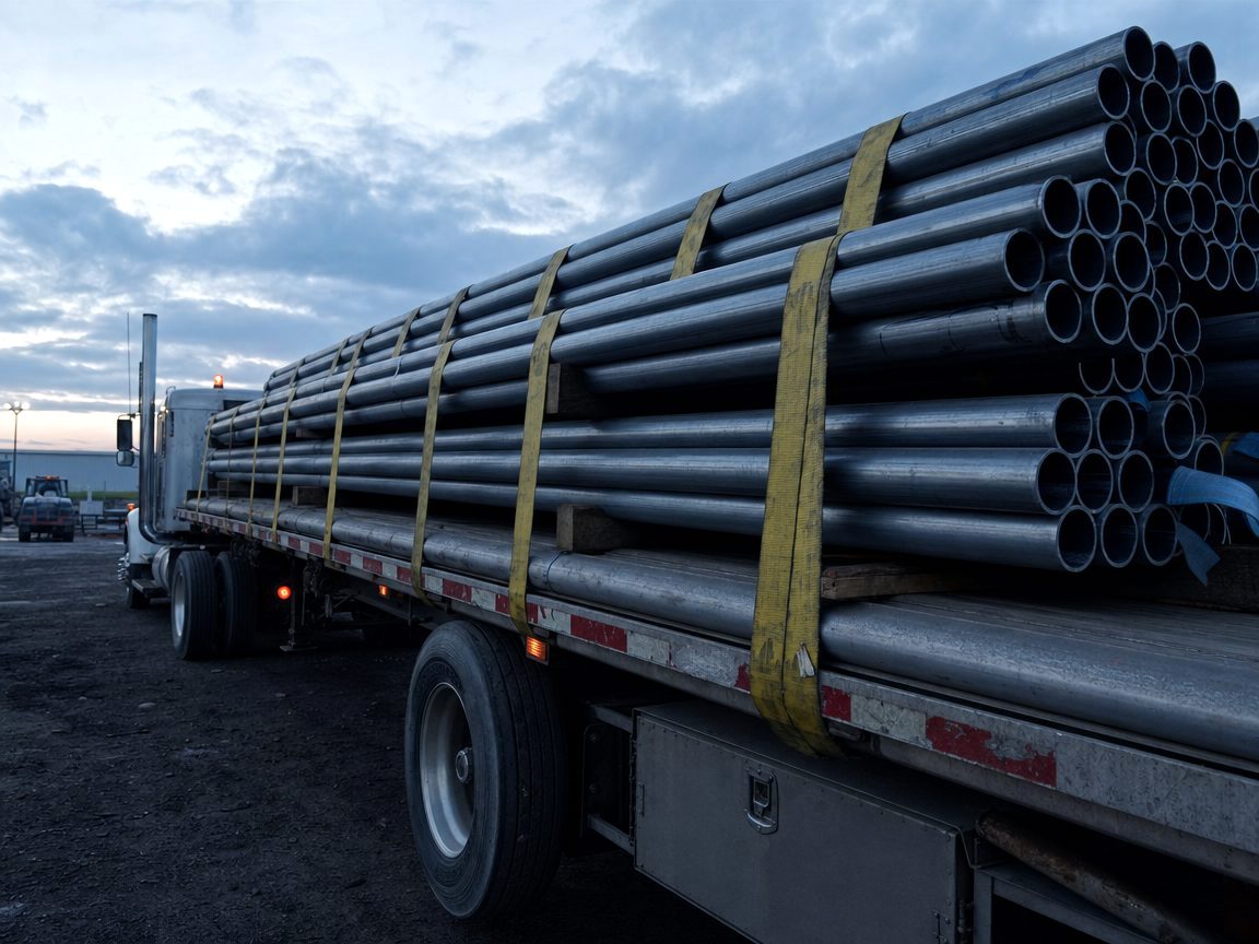 Steel pipe strapped down on a flatbed trailer with yellow ratchet straps