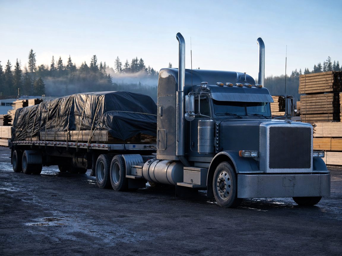Flatbed trailer carrying stacked lumber under tarps at a lumber yard