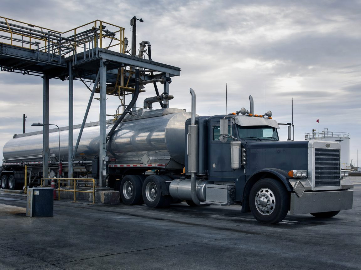 Stainless fuel tanker at a bulk fuel terminal loading rack