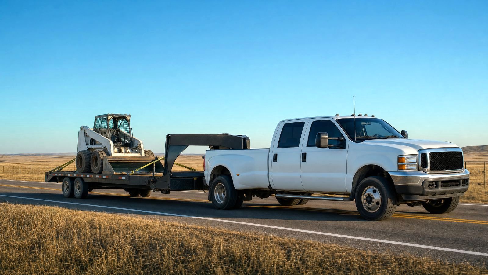Dually pickup towing a gooseneck flatbed with a strapped skid steer on a prairie highway, a typical hotshot insurance setup