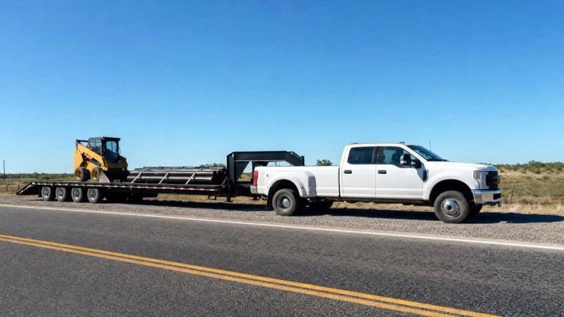 Dually pickup with a gooseneck flatbed loaded with a skid steer and steel pipe on a highway shoulder, the rig hotshot insurance covers