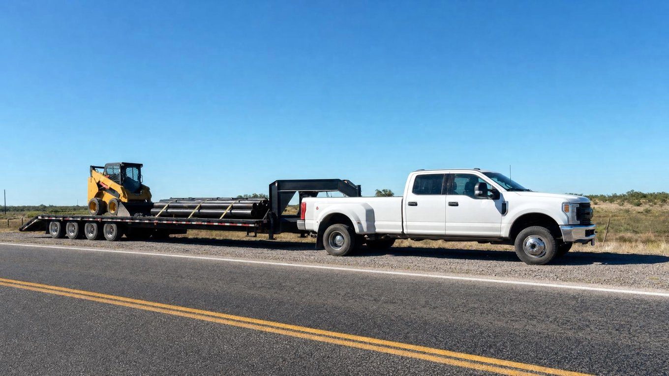 Dually pickup with a gooseneck flatbed loaded with a skid steer and steel pipe on a highway shoulder, the rig hotshot insurance covers
