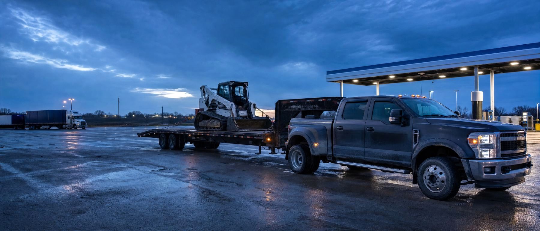 Dually and loaded gooseneck at a truck stop, trucking insurance in Florida