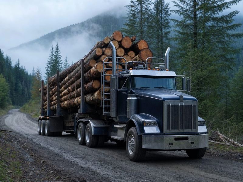 Log truck loaded with fresh-cut timber on a gravel forest road