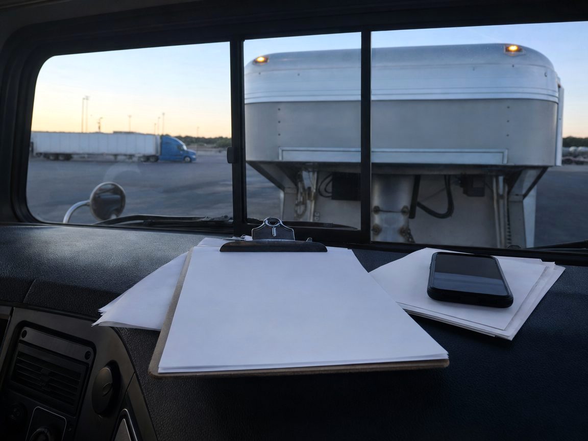 Clipboard and papers on a pickup dashboard, the paperwork side of a new trucking authority