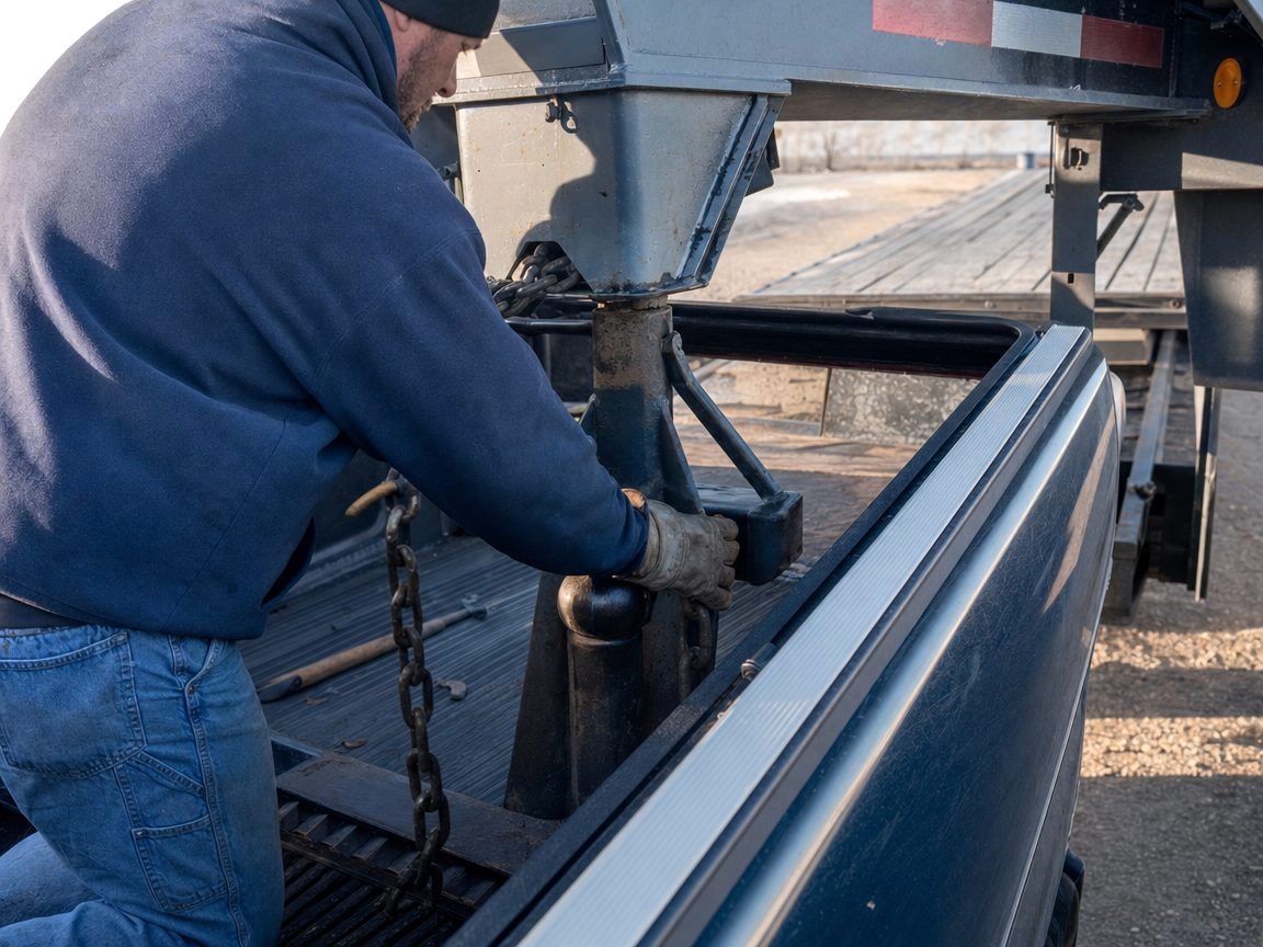 Gloved hands checking the gooseneck hitch and safety chains before a run