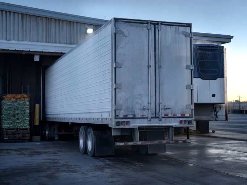 Refrigerated reefer trailer with its cooling unit running at a produce dock