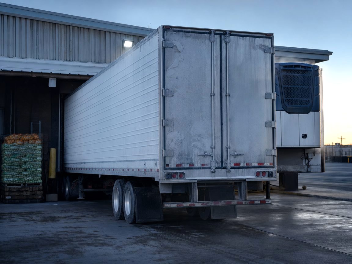 Refrigerated reefer trailer with its cooling unit running at a produce dock