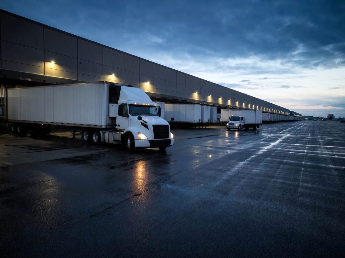 Dry van trailers backed into a distribution warehouse at dawn, the freight Amazon Relay and load board carriers haul