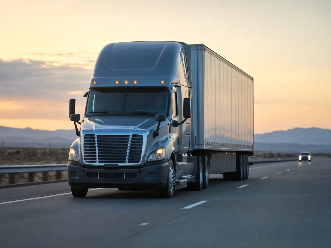 Semi tractor pulling a dry van trailer on an interstate at sunrise