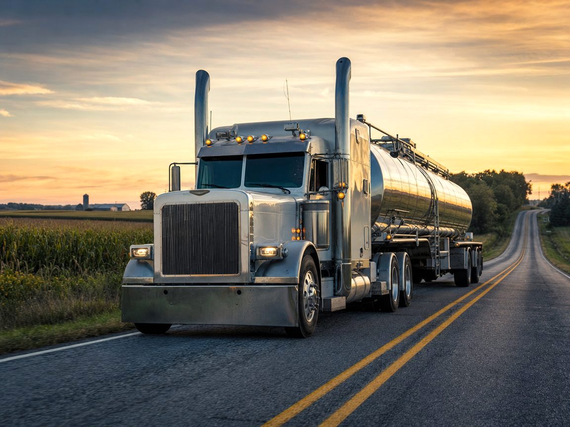 Stainless tanker truck on a rural road between farm fields at golden hour