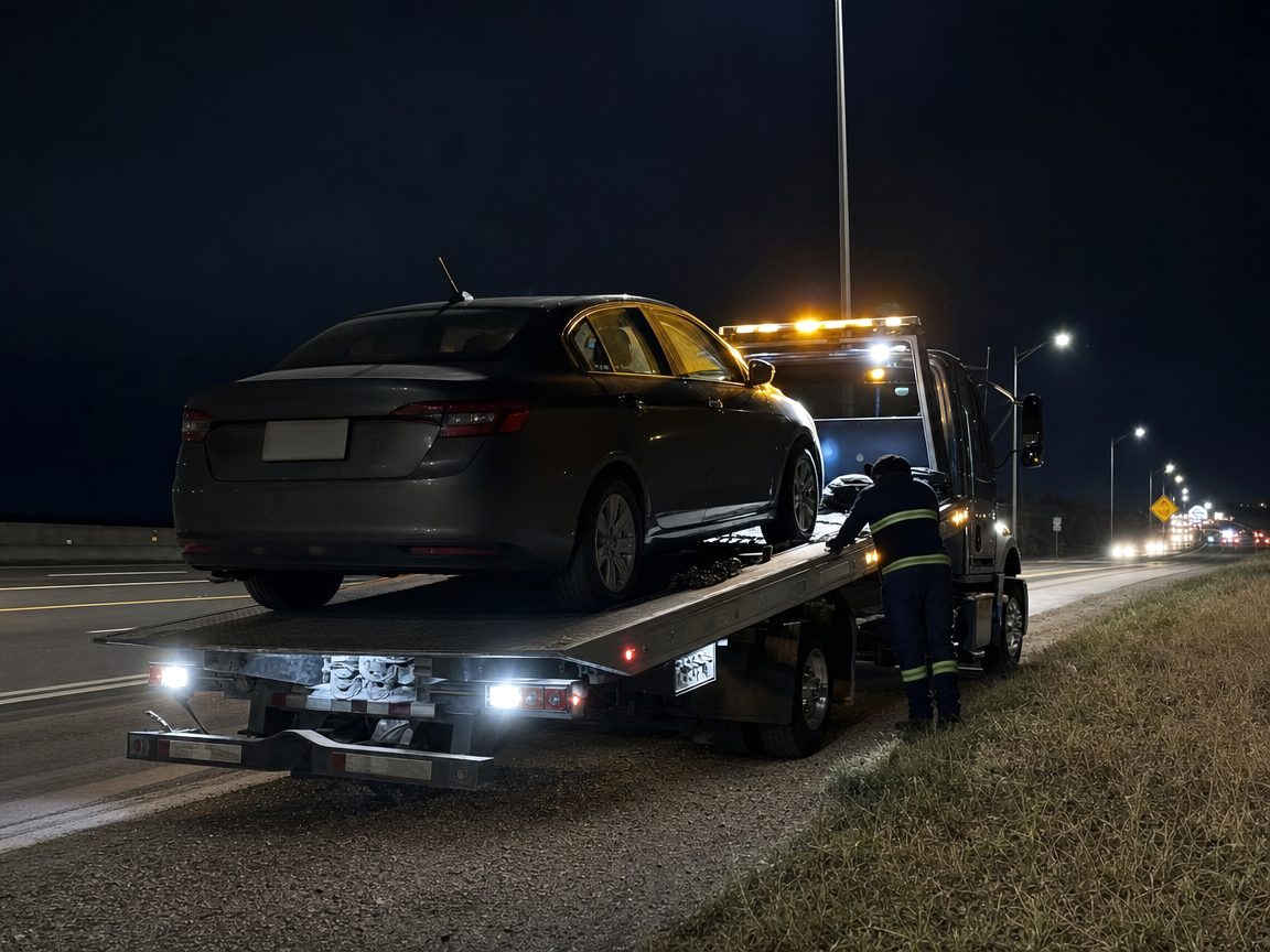 Rollback tow truck loading a broken-down car on a highway shoulder at night