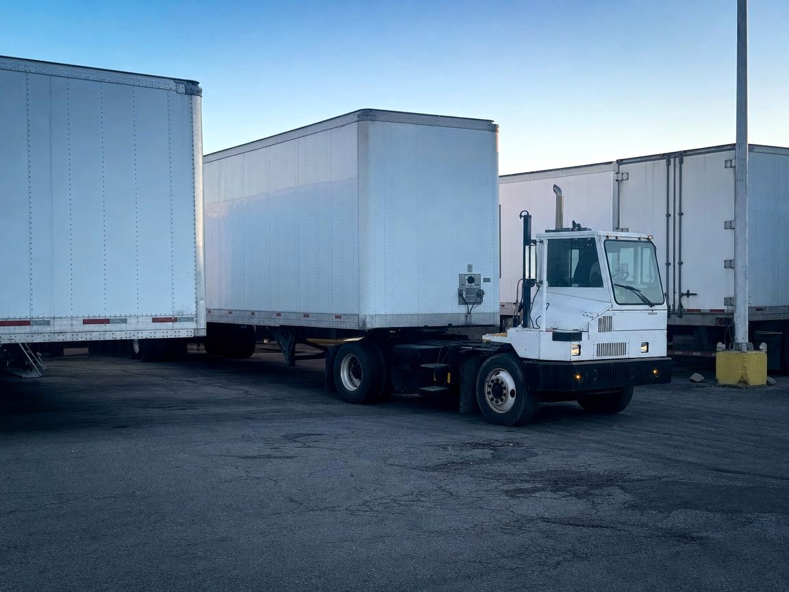 Dry van trailers parked in a drop yard while a yard tractor hooks one up
